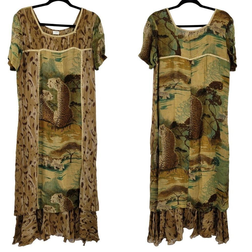 Vintage Dress Cheetah Safari Short Sleeve Tiered Ruffled Hem Midi MuMu Brown M